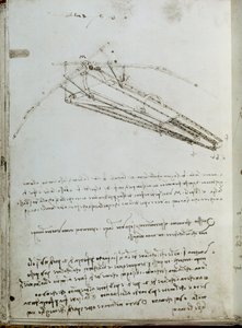 Desenho da máquina voadora. Manuscrito de Leonard De Vinci (Leonardo da Vinci de Leonardo da Vinci