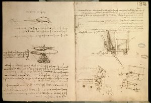 Máquinas voadoras, um dos primeiros desenhos de uma máquina voadora semelhante a um helicóptero, c. 1487 de Leonardo da Vinci