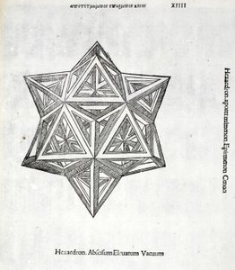Hexacedron levantado do vácuo a partir de um &39;proporção divina&39; por Luca Pacioli (c.1445-1517), originalmente pub. Veneza de 1509 de Leonardo da Vinci