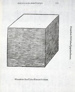 Hexaedron plano sólido, a partir de uma &39;proporção divina&39; por Luca Pacioli (c.1445-1517), originalmente pub. Veneza de 1509 de Leonardo da Vinci