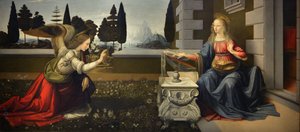 Itália Toscana Florença, Galeria Uffizi: A Anunciação, Pintura de Leonardo da Vinci (1452-1519), Óleo sobre madeira, ca. 1472-1475, 98x217 cm de Leonardo da Vinci