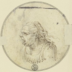 Caricatura de uma mulher com a boca aberta, retrato do peito, de perfil para a esquerda de Leonardo da Vinci