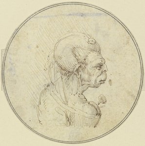 Caricatura de uma mulher idosa, retrato do peito com uma rosa no colo, de perfil para a direita de Leonardo da Vinci
