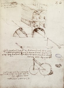 Manuscrito B, f 36 r Estudos arquitetônicos, desenvolvimento e seções de edifícios na cidade com ruas elevadas (caneta e tinta sobre papel) de Leonardo da Vinci