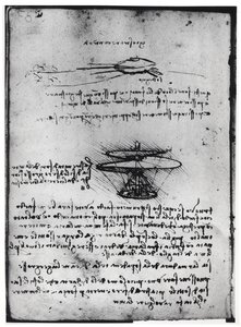 Manuscrito de Paris B, fol. 83v: Página de texto e esboços para uma máquina voadora, 1488-90 (caneta e tinta no papel) de Leonardo da Vinci