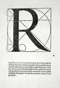 R, ilustração de &39;Divina Proportione&39; de Luca Pacioli (c.1445-1517), originalmente pub. Veneza, 1509 de Leonardo da Vinci
