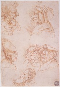 Sete Estudos de Faces Grotescas (giz vermelho sobre papel) de Leonardo da Vinci