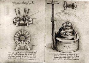 Estudos de mecânica; mola principal direita de um relógio de Leonardo da Vinci