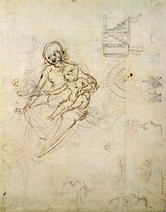 Estudos para uma virgem e criança e de cabeças em perfil e máquinas, c.1478-80 (lápis e tinta sobre papel) de Leonardo da Vinci