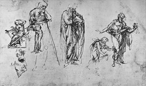 Estudos de figuras individuais e de um perfil, c1480 1945 de Leonardo da Vinci