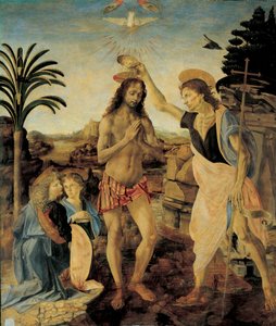 O Batismo de Cristo por volta de 1475 - 1478 por Andrea del Verrocchio (1436-1488) e Leonardo da Vinci (Leonard of Vinci) (1452-1516), Óleo e tempera sobre madeira de Leonardo da Vinci
