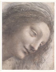 A cabeça da Virgem numa perspetiva de três quartos, voltada para a direita de Leonardo da Vinci