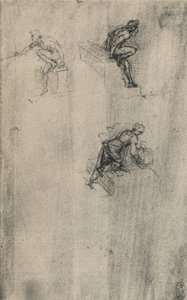 Dois nus sentados e uma mulher lavando, c1480 1945 de Leonardo da Vinci