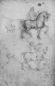 Dois estudos sobre cavalos e cavaleiros e estudos menores sobre cavalos, c1480 1945 de Leonardo da Vinci