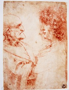 Dois perfis de homem, um homem velho e um homem jovem. O jovem representa Gian Giacomo Caprotti, conhecido como Andrea Salai ou Salaij (cerca de 1480-1524), aluno e amante de Leonard. Desenho a la sanguine de Leonardo da Vinci (Leonard de Vinci) (1452-1519 de Leonardo da Vinci