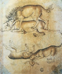 Unicórnio atacando uma vaca e leopardo atacando uma ovelha, estudo de animais, por Leonardo da Vinci (1452-1519), desenho de Leonardo da Vinci