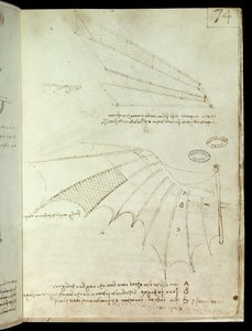 Asa. Desenho da máquina voadora. Manuscrito de Leonard De Vinci (Leonardo da Vinci de Leonardo da Vinci