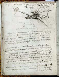 Treinamento da asa. Desenho da máquina voadora. Manuscrito de Leonard De Vinci (Leonardo da Vinci de Leonardo da Vinci