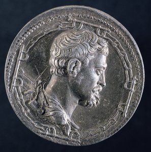 Verso do medalhão de Andrea Doria retratando o artista rodeado pelas correntes de um condenado e com uma galera ao fundo, c.1541 (prata) (ver 122337 para o anverso)