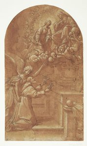Um franciscano ajoelhado (Frans de Assis?), apoiado por um anjo, estende flores com ambas as mãos para o Cristo entronizado, que aparece apoiado por anjos e com Maria intercedendo ao seu lado de Leonello Spada
