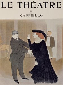 Actores Lucien Quitry e Jane Harding em cena a partir de La Chatelaine, apresentado no Renaissance Theatre em Paris, desenho de Leonetto Cappiello (1875-1942), página de rosto da revista Theatre, Abril de 1903 de Leonetto Cappiello