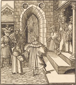Três homens e um menino no pátio de um castelo, à direita Três homens em uma escada de Leonhard Beck