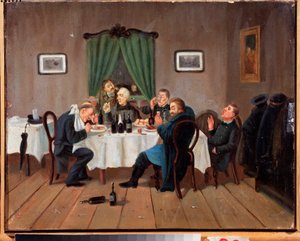 Em uma taverna. Pintura de Leonid Ivanovich Solomatkin (1837-1883), óleo sobre tela. arte russa