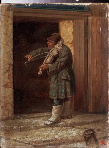 Um músico. (Um violinista mendigo tocando em frente à entrada de um prédio rural). Pintura de Leonid Ivanovich Solomatkin (1837-1883)