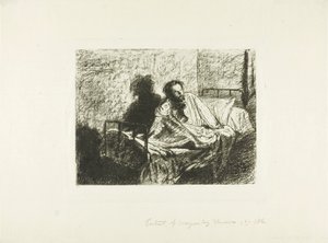 Retrato de Charles Meryon sentado na cama de Leopold Flameng