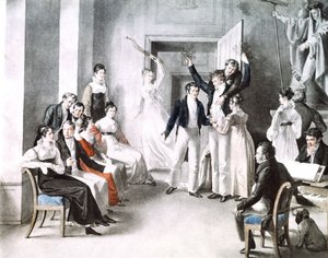 Encontro musical de Schubertians. Schubert está sentado na cadeira à direita. A aguarela de Kupelniesen