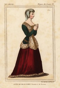 Anne Rogier de Beaufort, Vice-Condessa de Turenne 1435-1479. Litografia colorida à mão a partir de uma janela de vidro inoxidável na igreja de Cordelieres de Nantes no portefólio VI 11 de Roger de Gaignieres de Le Bibliophile Jacob aka Paul Lacroix