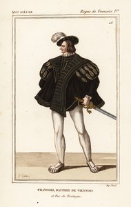 Francisco III, duque da Bretanha 1518-1536. François, golfinho vienense e duque da Bretanha. Litografia colorida à mão por J.B. Gautier a partir de um retrato do portefólio VIII 14 de Roger de Gaignieres de Le Bibliophile Jacob aka Paul Lacroix