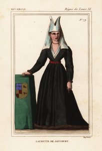 Lauretta de Jaucourt, mulher de Miguel de Chaugy, senhor de Chissey, Laurette de Jaucourt, litografia colorida à mão a partir de uma miniatura do portefólio VII 49 de Roger de Gaignieres, de Le Bibliophile Jacob, também conhecido como Costumes Historique d