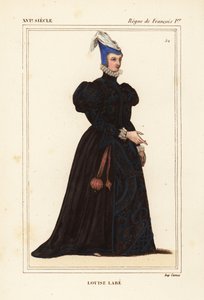 Louise Labe, La Belle Cordiere, poeta francesa de 1526-1566. Musicista, equestre, arqueira, esgrimista e linguista. Litografia colorida à mão a partir de um retrato do portefólio VIII 82 de Roger de Gaignieres de Le Bibliophile Jacob aka Paul Lacroix