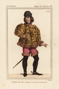 Pierre de Giac, camareiro do rei Carlos VII de 1377 a 1426. Executado por afogamento em Dun-Le-Roi. Veste uma batina curta com mangas mahoitres, calças cor-de-rosa e botas com esporas. Litografia colorida à mão a partir de uma miniatura de um manuscrito Hi