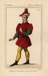 Tanneguy IV du Chatel, Visconde de la Belliere, Grão-Mestre do Hotel de Francisco II, Duque da Bretanha, d. 1477. Litografia colorida à mão a partir de uma figura de tapeçaria representando Ester e Mardoqueu no portefólio VI 132 de Roger de Gaignieres do L de Leopold Massard