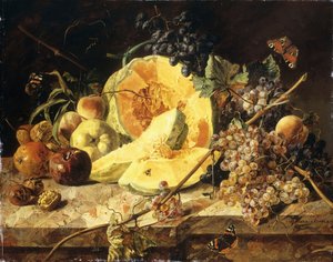 Natureza morta com frutas, nozes e insetos, 1835 de Leopold Zinnogger
