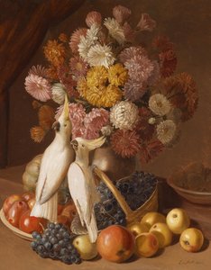 Natureza morta com flores com frutas e calopsitas