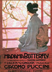 Frontispício da folha de partitura de "Madame Butterfly" de Giacomo Puccini (1858-1924) (litografia a cores) (ver também 56537) de Leopoldo Metlicovitz