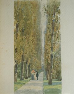 Giuseppe Verdi conversando com amigos ao longo da avenida arborizada da sua vila em Sant