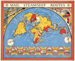 Cartaz de propaganda de rotas de navios a vapor