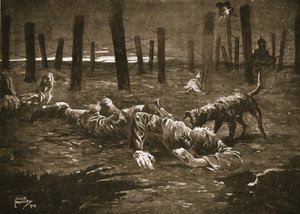 Sargento Burge fingindo morte por ter sido descoberto por um cachorro na frente das amarras do inimigo