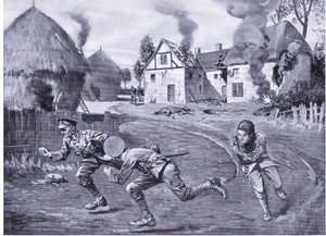 O Sargento Cooper e dois camaradas atirando sob fogo inimigo depois de incendiarem uma quinta e vários ricks (DCM) (litho)