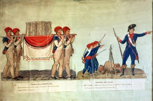 Carregando o Modelo da Bastilha e Soldado dando uma Palestra para as Crianças, c.1790 (guache sobre papel)