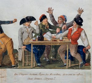 Revolução Francesa: "Cidadãos a cantar o hino de Marselha: com armas Cidadãos..." Os sem cuecas na mesa da estalagem cantam Marselhesa. Gravura dos irmãos Lesueur (século XVIII). Musee Carnavalet, Paris