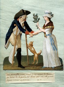 Revolução Francesa: "uma jovem encontra as feridas prometidas após a guerra e mantém a promessa de casar com ela" Gouache des brothers Lesueur (século XVIII). Paris Musee Carnavalet de Lesueur Brothers