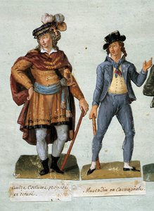 Revolução Francesa: fantasias de fantasias de dandys realistas fantasiosos (muscadin) recusam. Gouache des freres Lesueur (século XVIII) Musee Carnavalet