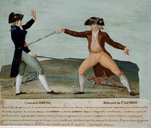 Revolução francesa: duelo entre Charles Lameth (1757-1832), deputado da Assembleia Constituinte, e o Marquês de Castries (1756-1842), deputado da nobreza, em 12 de Novembro de 1790. Este último feriu Lameth e a multidão Jacobina enfureceu o seu hotel. Goua de Lesueur Brothers