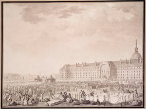 Revolução Francesa: pegar em armas nos Inválidos em 14/07/1789. Litografia dos irmãos Lesueur (século XVIII) de Lesueur Brothers