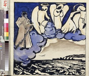 "Guerra". Rússia. 1914" Alegoria da Primeira Guerra Mundial. Um soldado e anjos. Caneta e guache de Lev Bruni (1894-1948) 1914 Museu Estatal de História, Arquitectura e Arte, Rybinsk, Rússia de Lev Aleksandrovitc Bruni